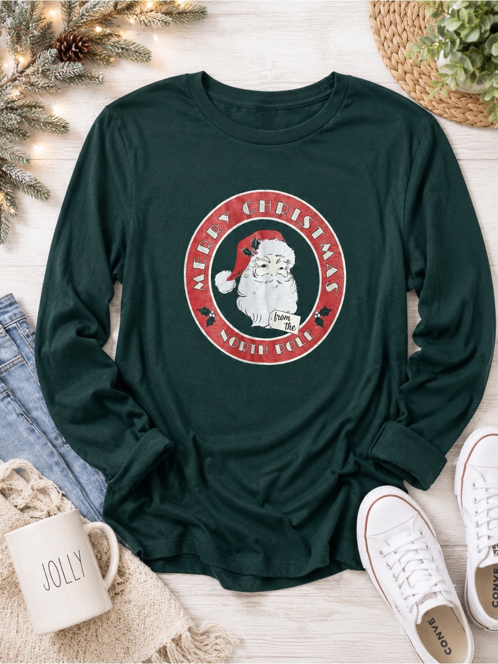 Sonoma Dark Green Long-Sleeve Christmas Tee with Santa Graphic